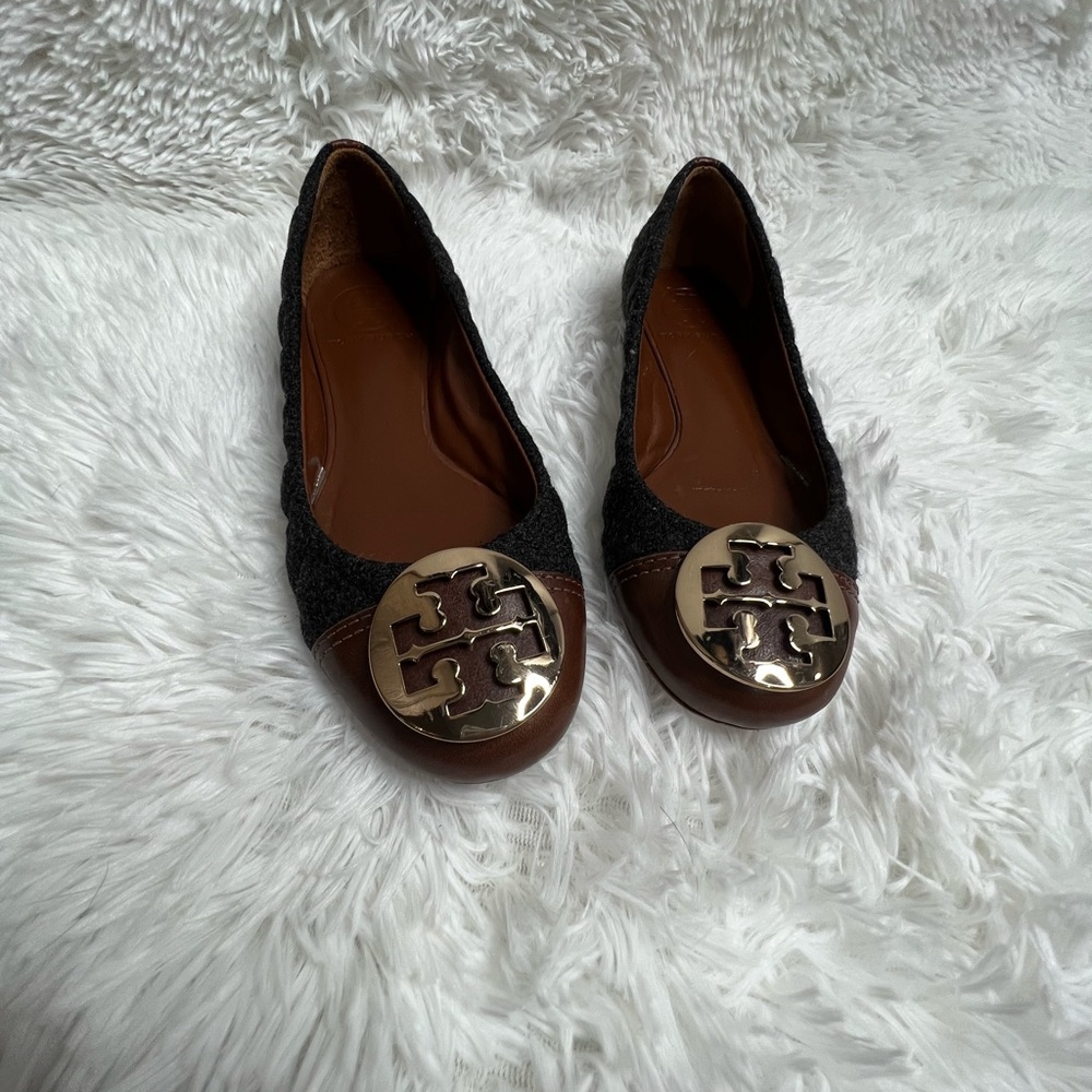 Tory Burch Parker Brown Cap Toe Grey Quilted Wool and Gold Logo Ballet Flats